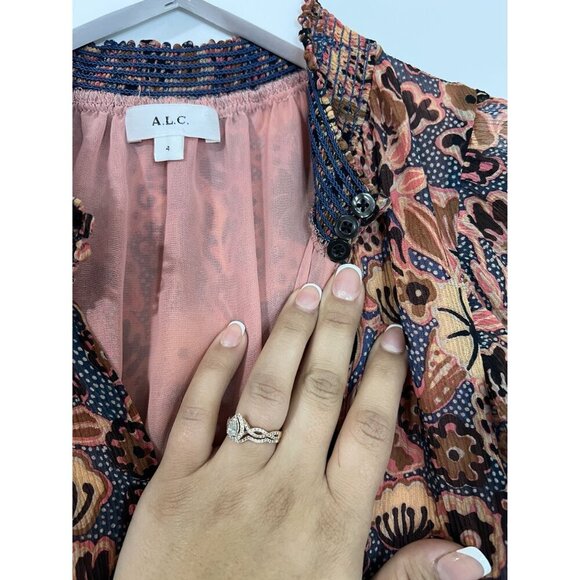 A.L.C. Brown/Pink 100% Silk Hayley Floral Metallic Blouse Size 4 - Picture 9 of 11
